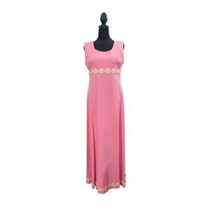 1970s VTG Pink Sleeveless Maxi Dress with Floral Accents